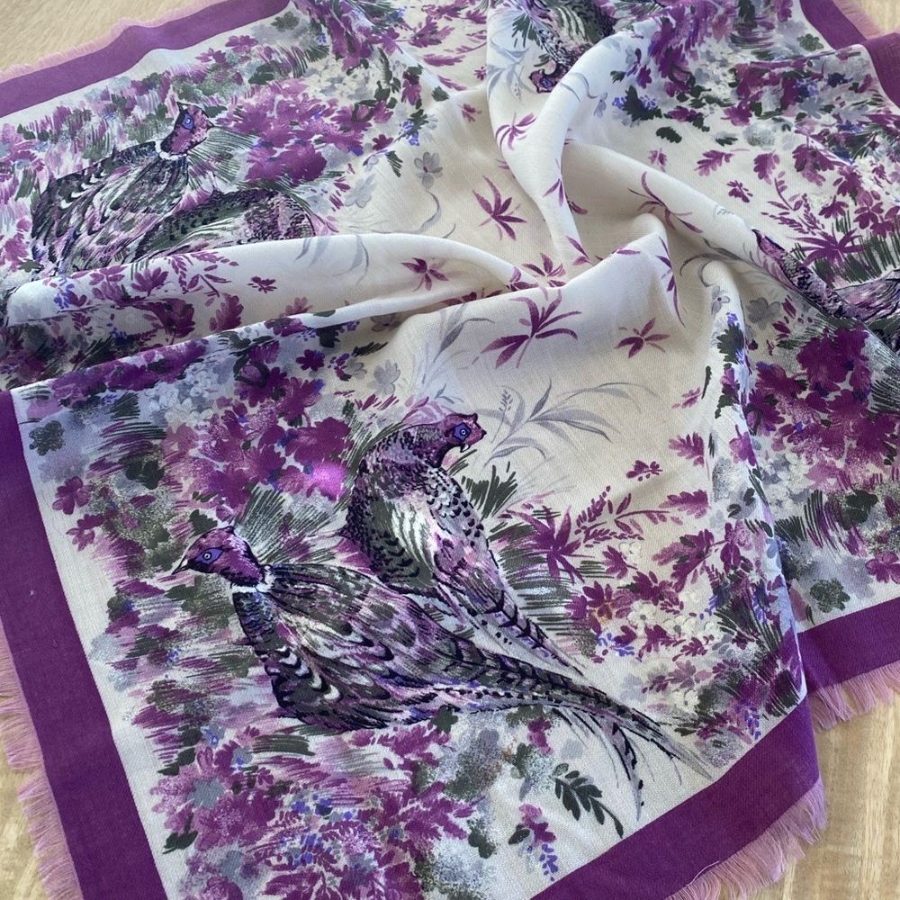 Challis Pheasant Print Equestrian Style Raw Hem Square Scarf